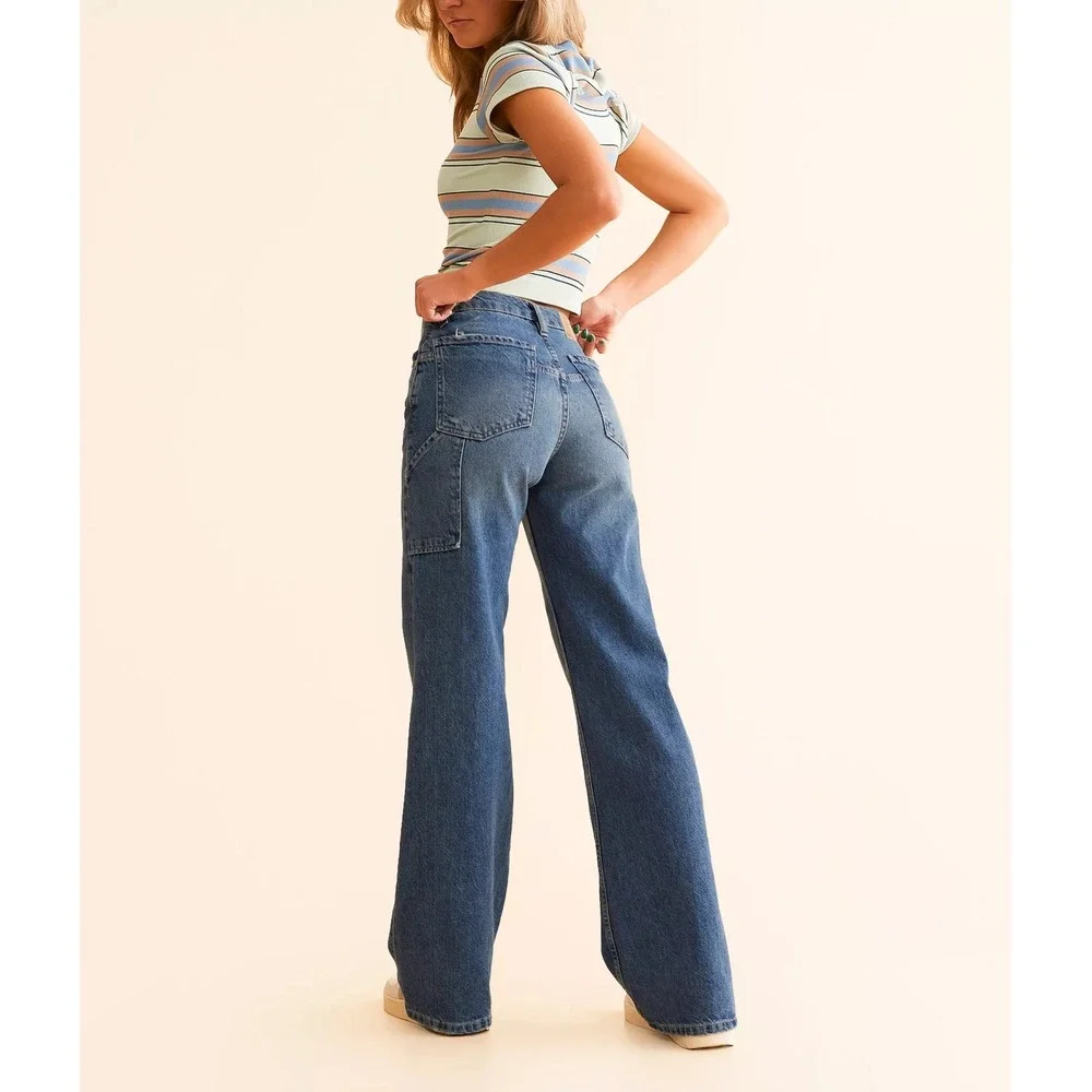 We The Free Women's Tinsley Baggy High Rise Straight Leg Jeans Blue Carpenter 28